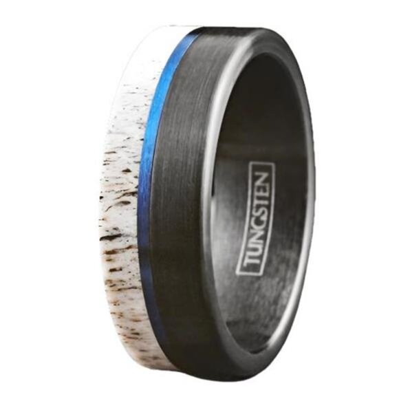 Men's Wedding Band Rings - Black Blue Deer Antler Design - Wedding Rings - Picture 7 of 7